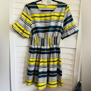 Blue, White & Yellow Striped Dress Newcomerland Bubble Sleeves Elastic Waistband